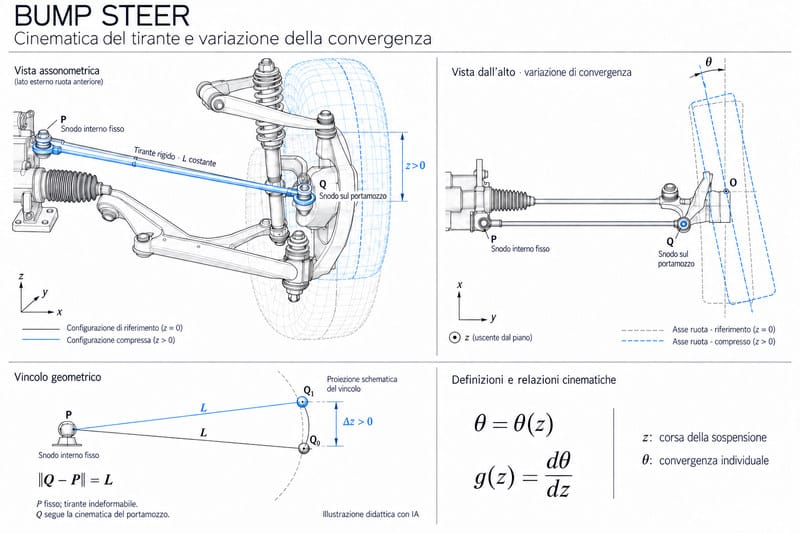 Tavola tecnica del bump steer: cinematica del tirante e variazione della convergenza