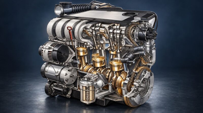 Illustrazione editoriale del motore Volkswagen VR6 con testata comune e pistoni sfalsati, non sezione dimensionale certificata