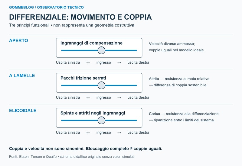 Schema funzionale: differenziale aperto, autobloccante a lamelle ed elicoidale