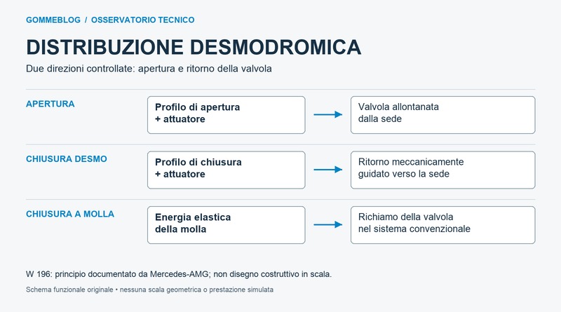 Schema funzionale della distribuzione desmodromica: apertura e chiusura meccanica delle valvole