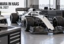 F1 e ingaggio di Camara in Haas 2027: illustrazione IA con casco e monoposto generici in officina