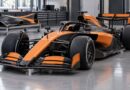 F1 McLaren, sviluppo illustrato con monoposto generica e componente aerodinamico in officina – illustrazione IA