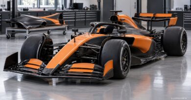 F1 McLaren, sviluppo illustrato con monoposto generica e componente aerodinamico in officina – illustrazione IA