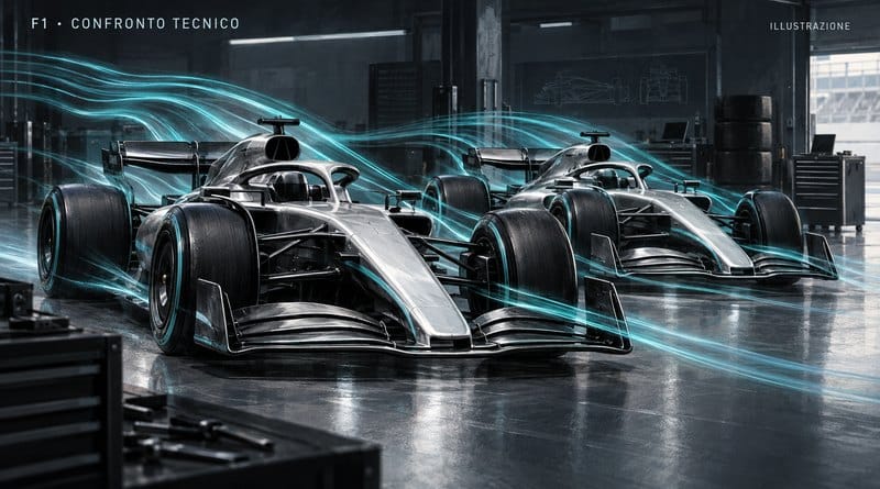 Illustrazione di due monoposto generiche in officina per evocare il confronto tecnico Mercedes a Singapore