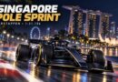 Illustrazione della pole Sprint di Verstappen a Singapore con monoposto generica e circuito notturno