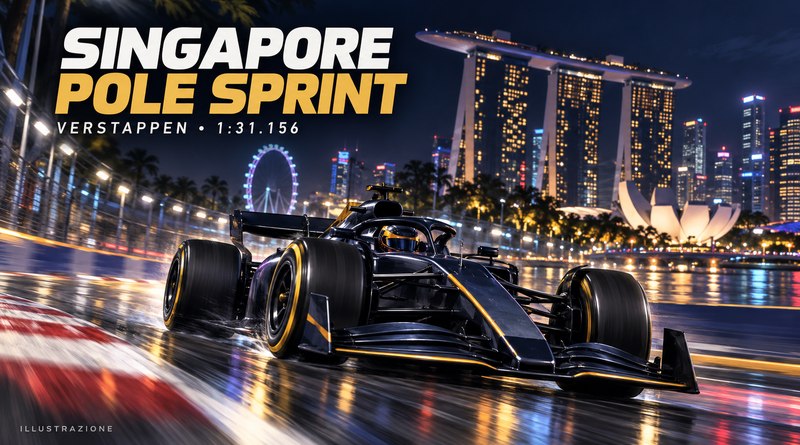 Illustrazione della pole Sprint di Verstappen a Singapore con monoposto generica e circuito notturno
