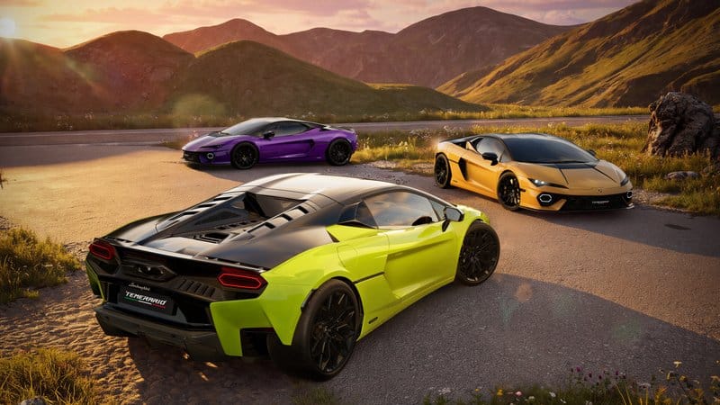 Lamborghini Temerario Tettonero Verde Scandal vista da dietro con tetto Nero Noctis, immagine ufficiale