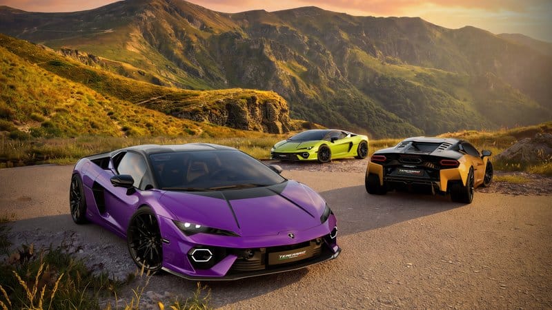 Lamborghini Temerario Tettonero Viola Pasifae con tetto nero vista di tre quarti anteriore, immagine ufficiale