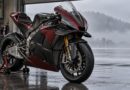 MotoGP Australia, moto da corsa generica ferma nel garage con pioggia e foschia – illustrazione IA