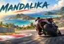 Illustrazione originale di una moto da corsa generica sul circuito costiero di Mandalika