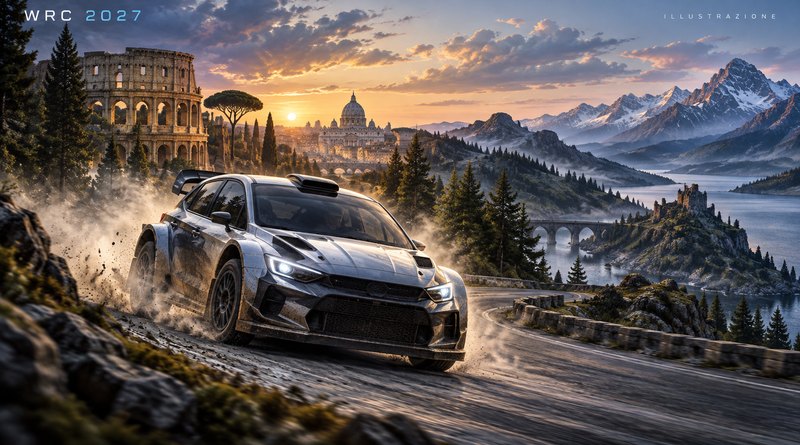 Illustrazione del calendario WRC 2027 con vettura rally e paesaggi evocativi di Roma, Scozia e Stati Uniti